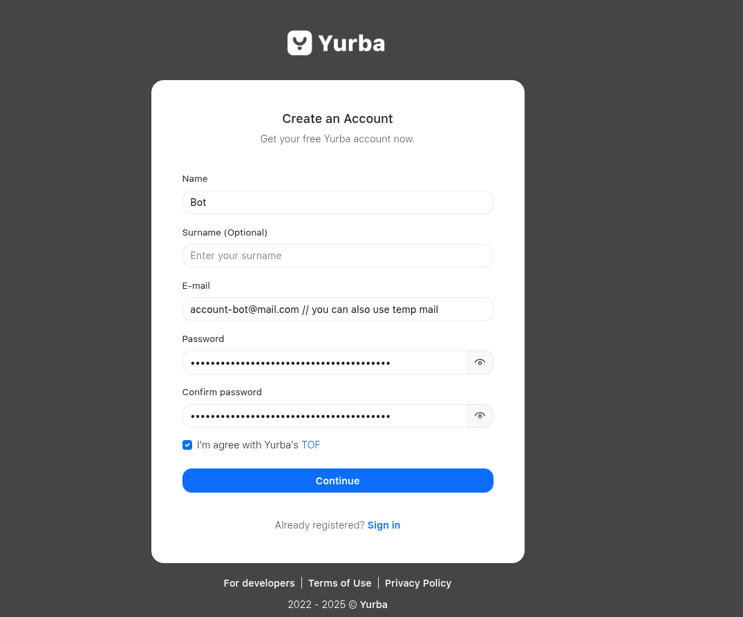 Yurba.one registration page